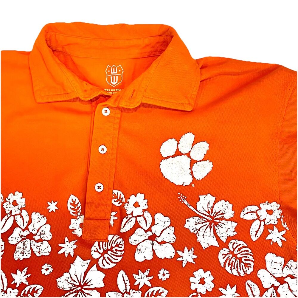 Wes And Willy Clemson Men’s XL Polo Shirt Hawaiian Orange Paw Organic Cotton